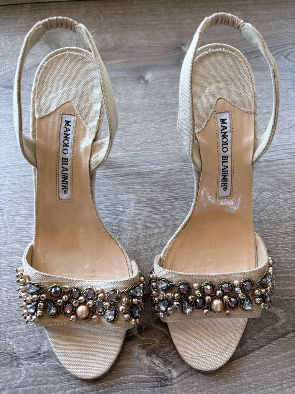Manolo Blahnik Cream Jeweled Slingback Heels